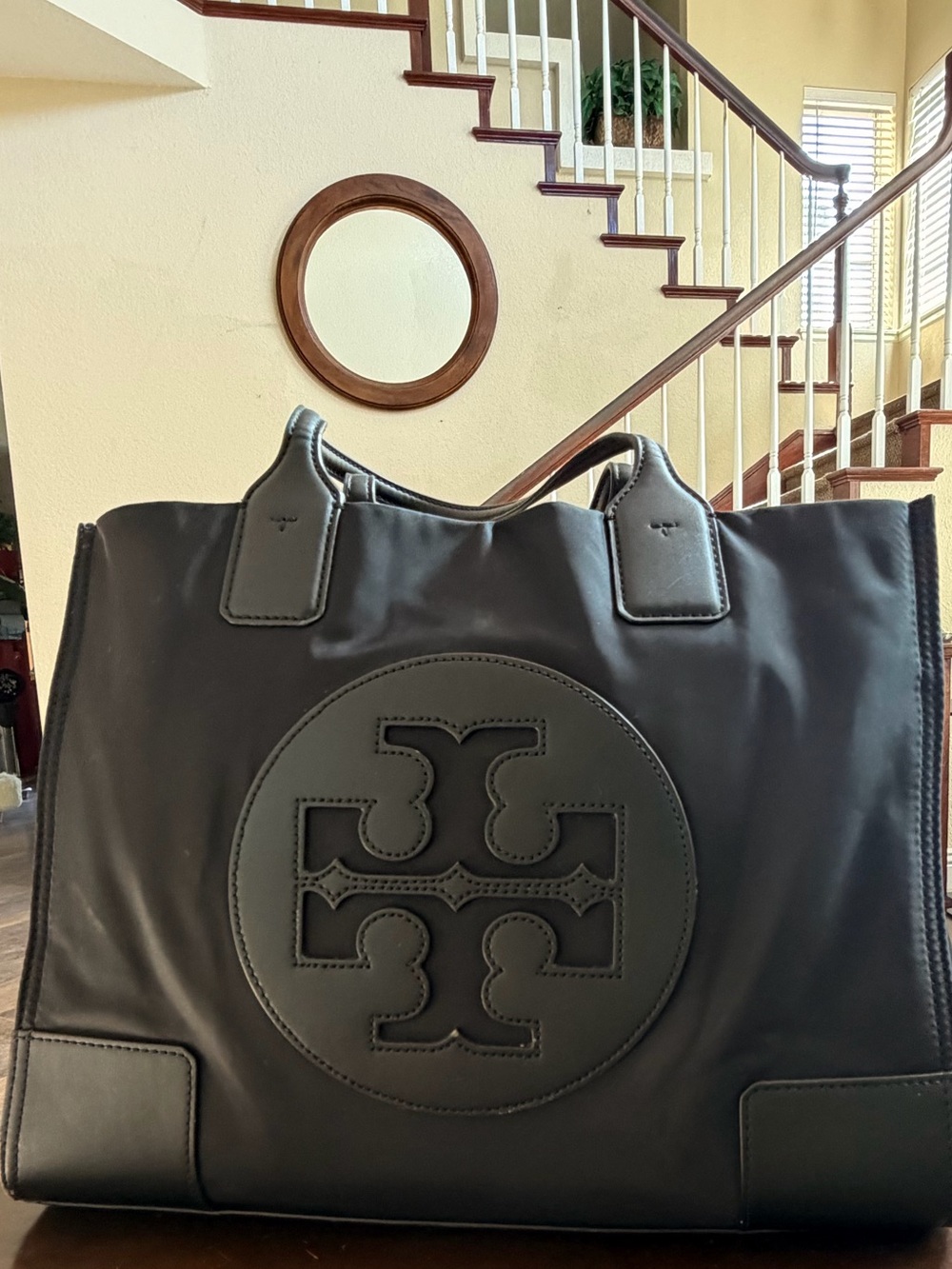 Tory Burch Ella Mini Black Logo Nylon Tote